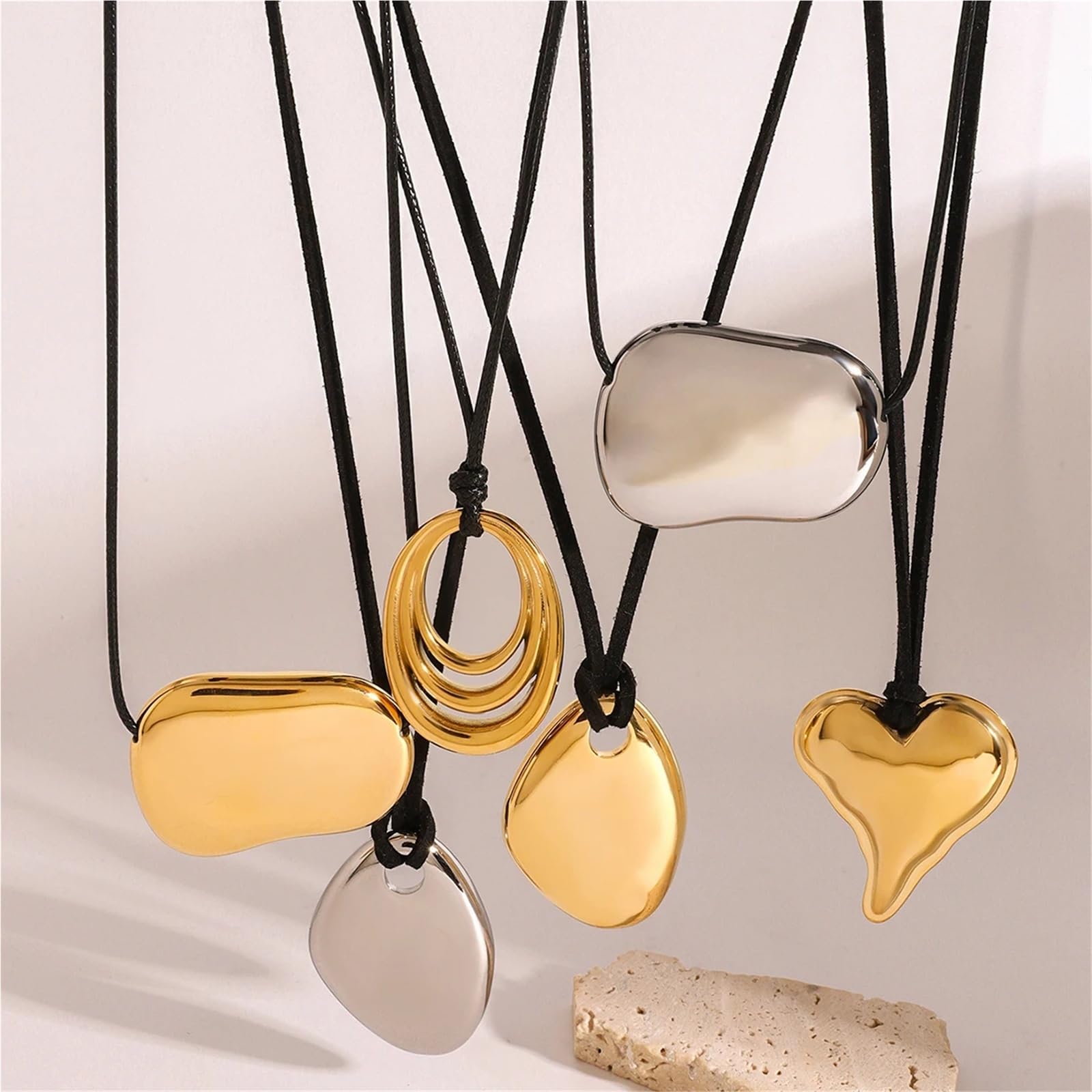 Collana in corda cerata in metallo con motivo geometrico irregolare in acciaio inossidabile lucido minimalismo for donna, 1 pezzo