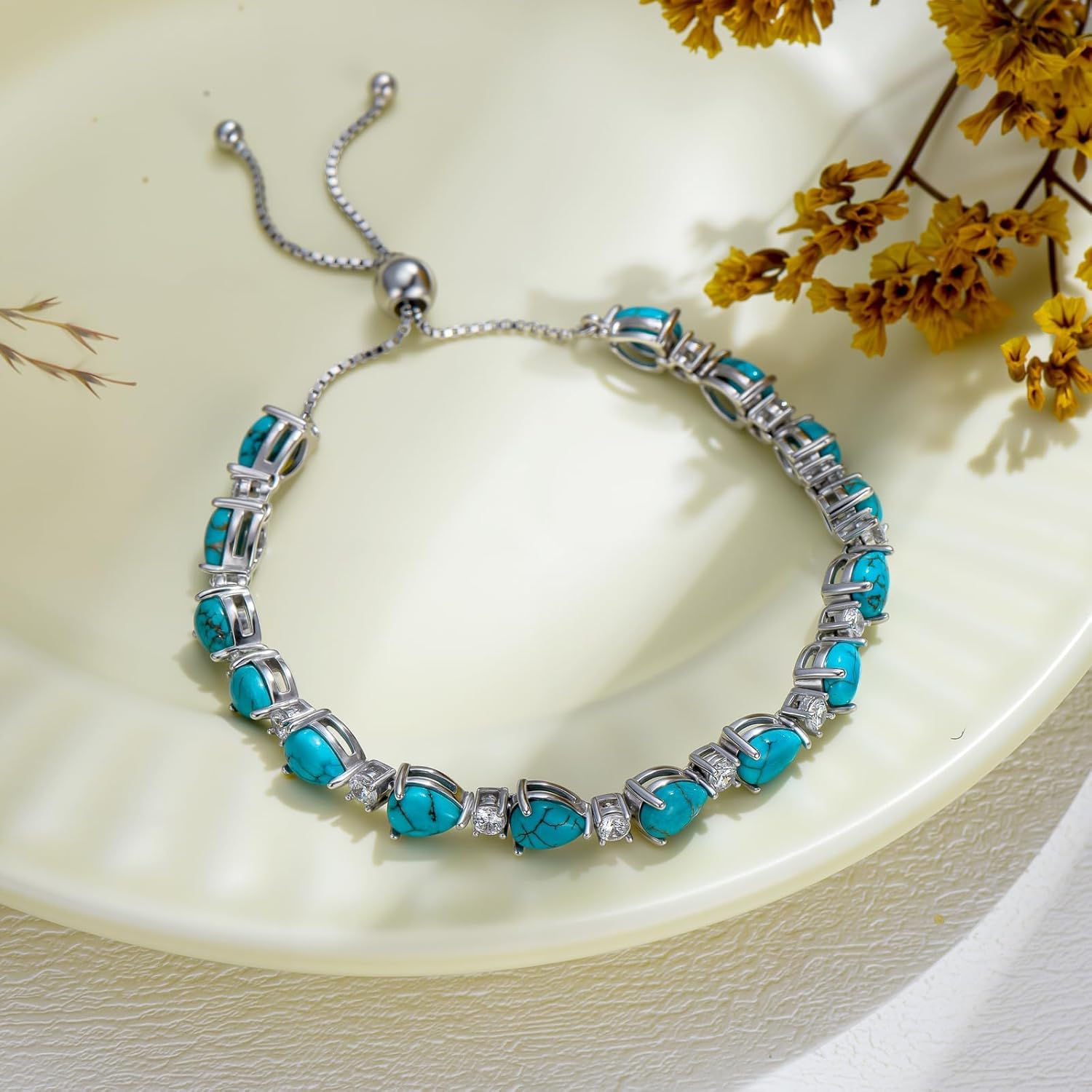 Turquoise Tennis Bracelet 925 Sterling Silver Pear 7x5mm Genuine Turquoise Gemstone Adjustable Bracelets Western Boho Jewelry for Women