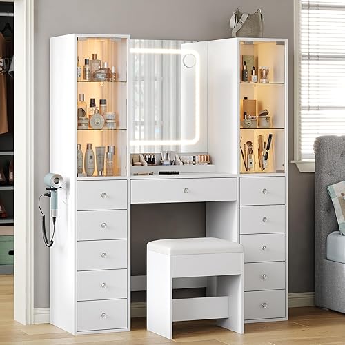 Yanosaku Vanity Desk with Mirror and Lights, Glass Top Vanity with 11 Drawers & 2 RGB Glass Cabinet, Makeup Vanity Desk with Power Outlet, Adjustable Brightness, Dressing Table for Bedroom, White