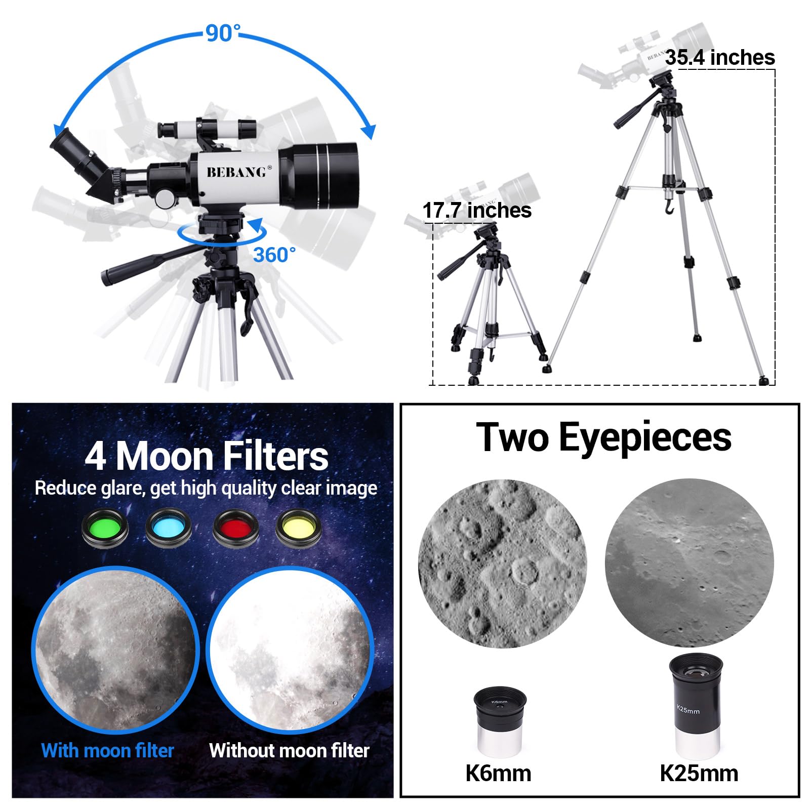 BEBANG Teleskop für Kinder Anfänger Erwachsene, 70mm Astronomie Refraktor Teleskop mit Stativ, Teleskop Kit Geschenk für Kinder