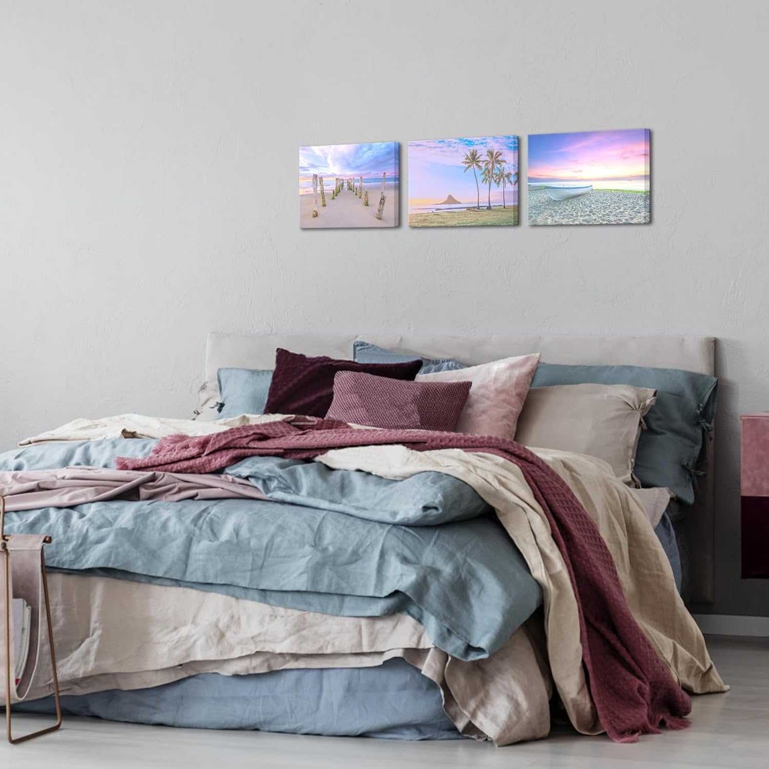 Nachic Wall Beach Wall Art Pink Bathroom Wall Decor Sunset Landscape Canvas Prints Hawaii Pictures Sea Palm Tree Paintings