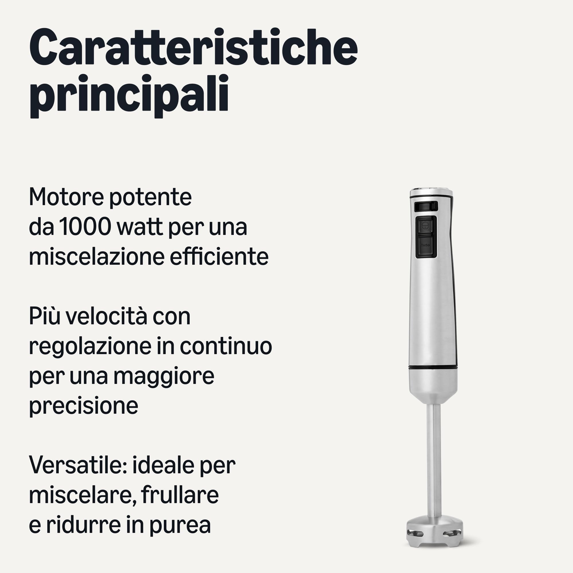 Amazon Basics - Frullatore a Immersione Manuale Multi-Velocità da 1000 Watt, con Cavo, Colore Argento