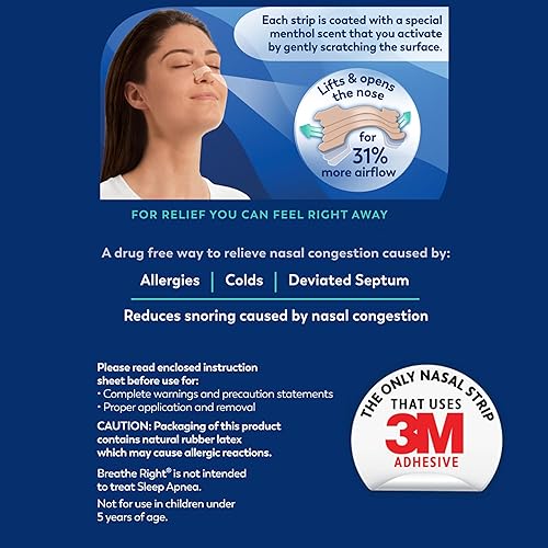 Miniatura 8 de Breathe Right Tiras nasales extra fuertes, con aroma a mentol, sin drogas, menos ronquidos y mejor respiración de la congestión nasal, bronceado, 26