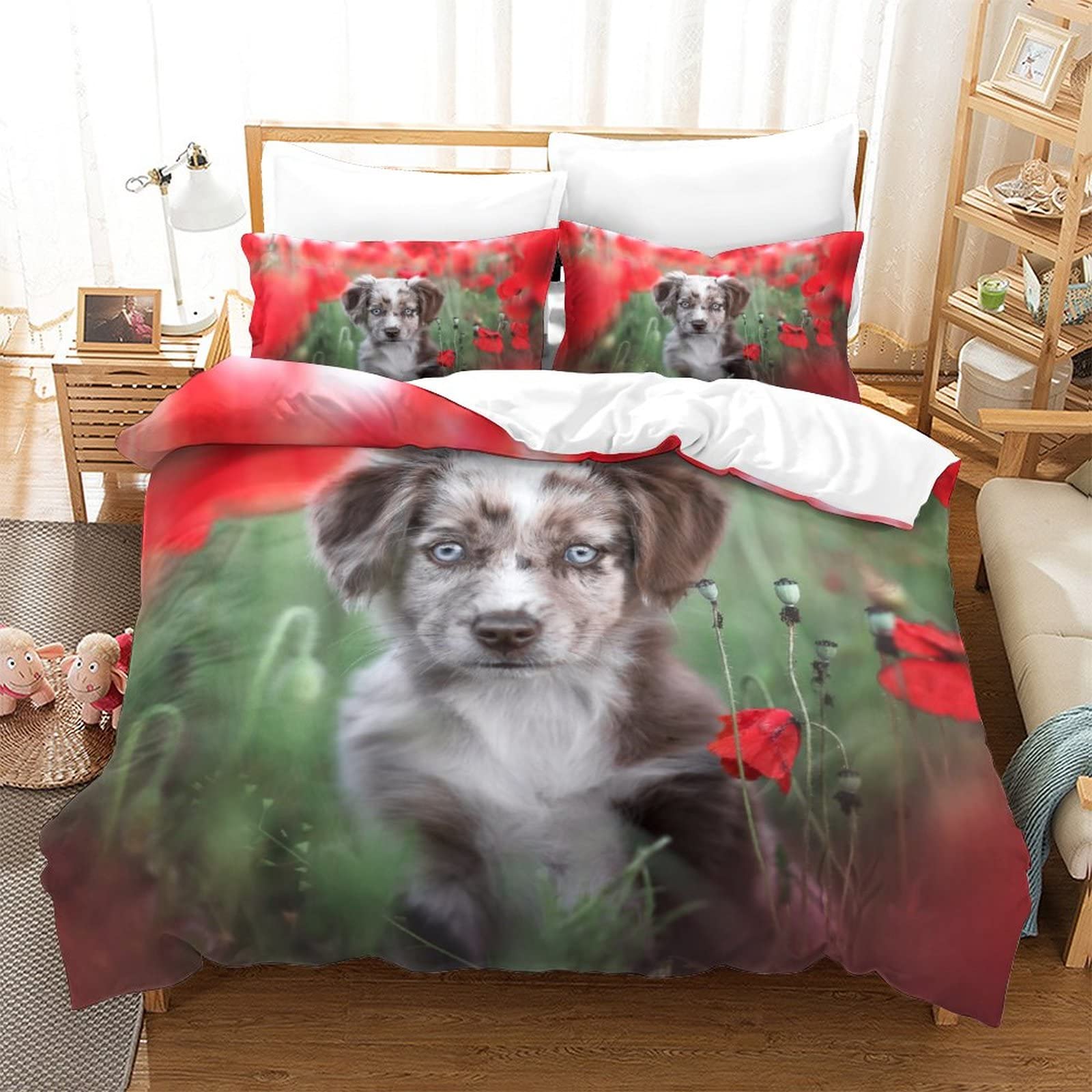 Housse de couette berger australien 220x240 cm avec 2 taies d'oreiller pour lit double