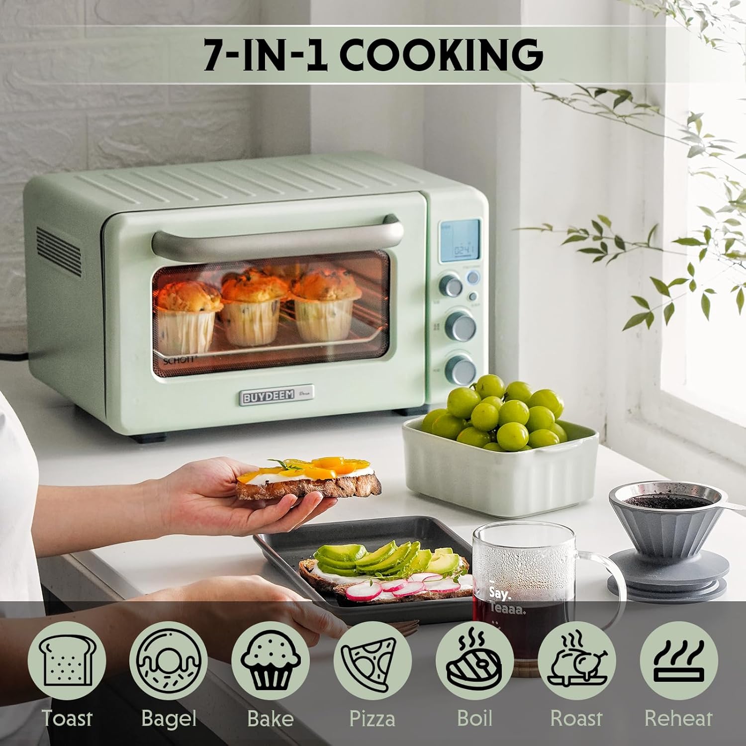 BUYDEEM T103 Countertop Toaster Oven 12QT, No Pre-Heat Needed, 7 Cooking Modes, Retro Mini Toaster Oven with Grill Rack and Baking Tray, Cozy Greenish