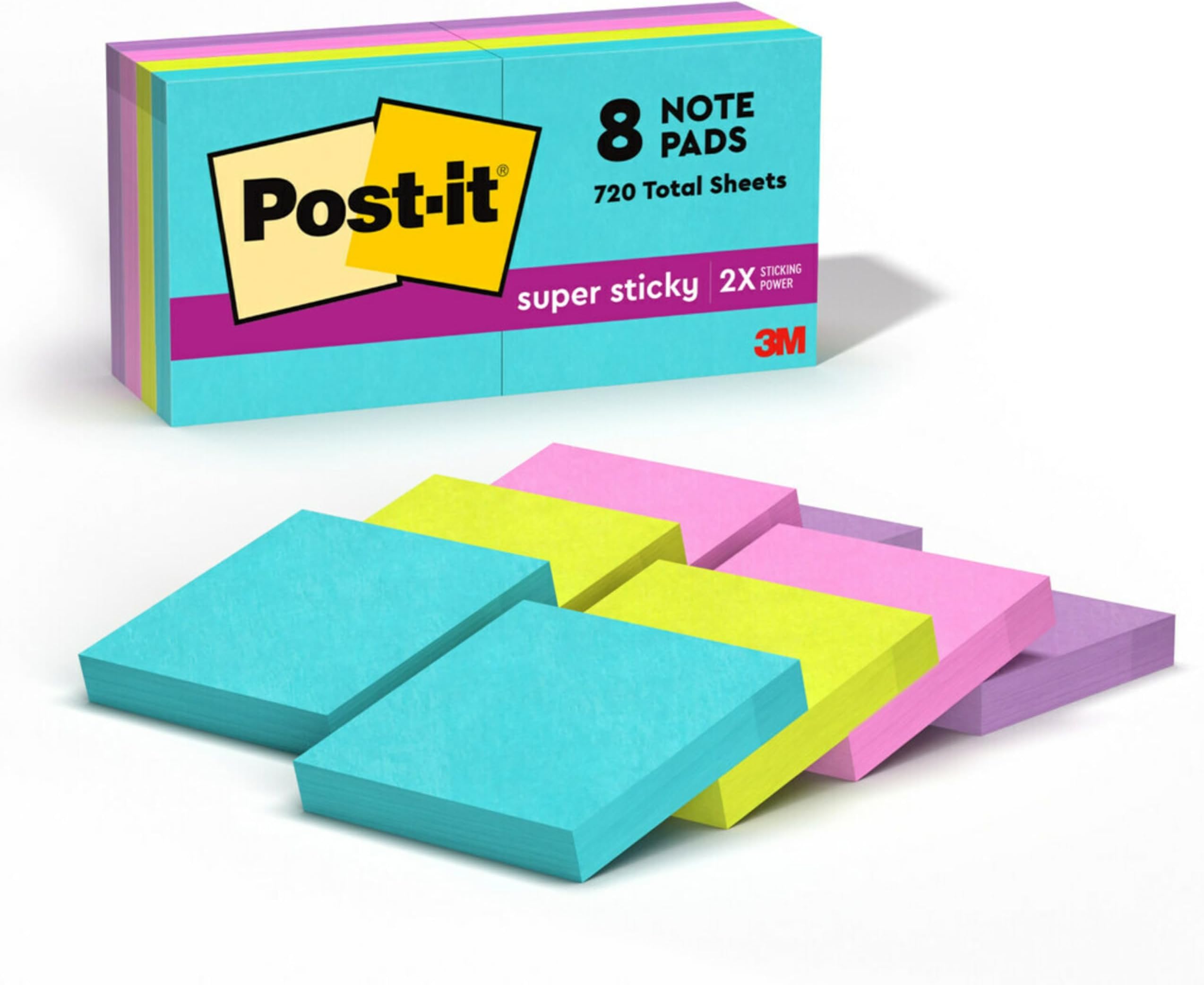 Super Sticky Notes, 8 Sticky Note Pads, 1.875 x 1.875 in., School Supplies, Office Products, 2X the Sticking Power, Supernova Neons Collection