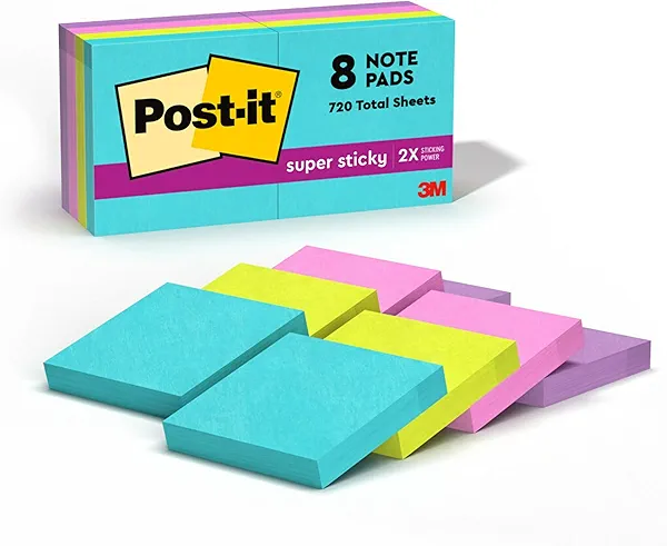 Post-it Super Sticky Notes, 8 Sticky Note Pads, 1.875 x 1.875 in., School Supplies, Office Products, 2X The Sticking Power, Supernova Neons Collection