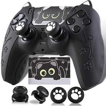 Silicone Skin Cover Sticker x 1 & Extender Grips x 2 for PS5 Controller Cats Black