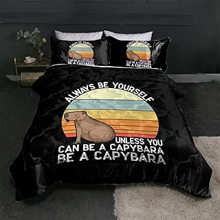 BlessLiving Satin Bedding Baby Capybara Pattern Bed Comforter King Set Silky 3D Wild Animal Cute Illustration Bed Set 3 Piece Colorful Striped Capybara Comforter Set