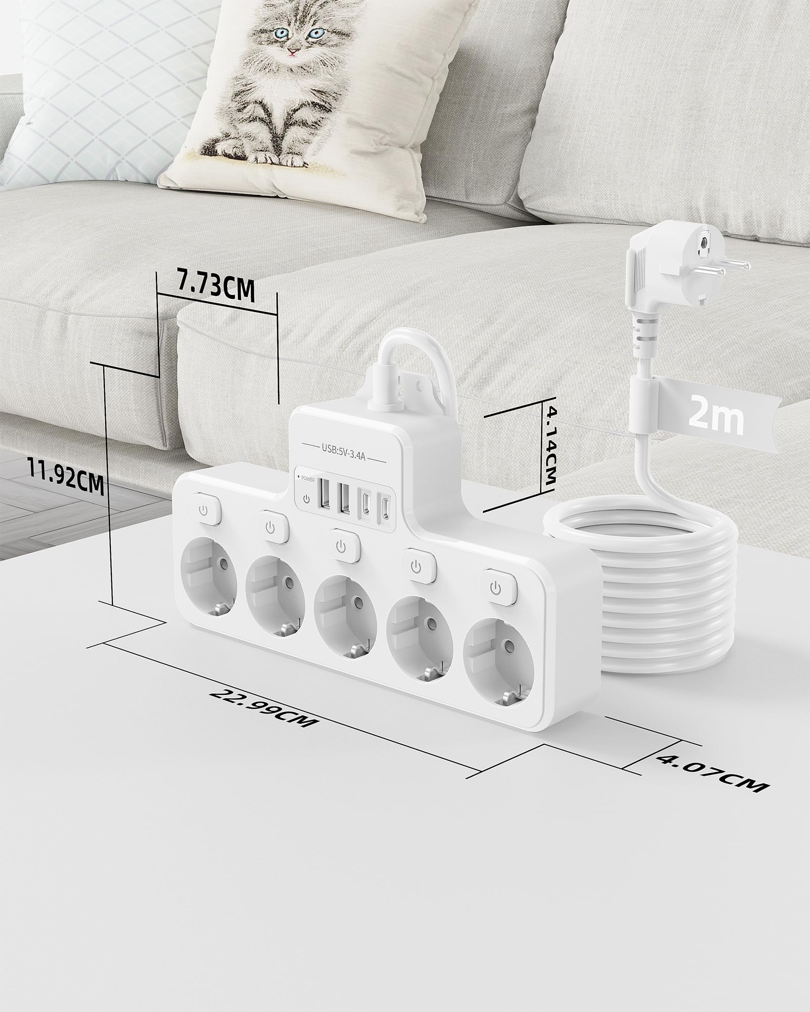 Ciabatta elettrica commutabile singola, presa multipla a 5 prese, con USB, 9 in 1, presa da tavolo con cavo da 2 m, per casa e ufficio (bianco)