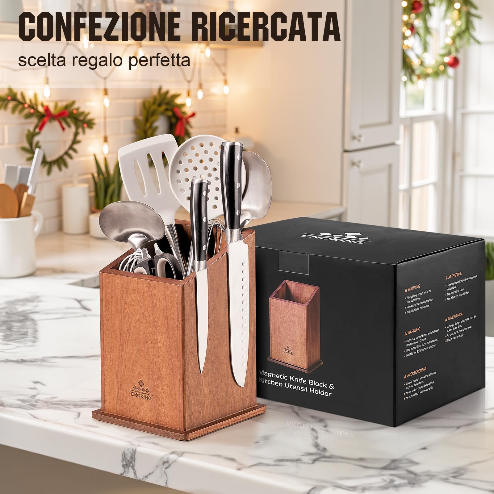 ENOKING Porta Coltelli Cucina Magnetico, Ceppo Coltelli da Cucina Vuoto, Portacoltelli da Cucina in Legno di Acacia, Porta Posate Cucina di Grande Capacità per Coltelli e Utensili da Cucina