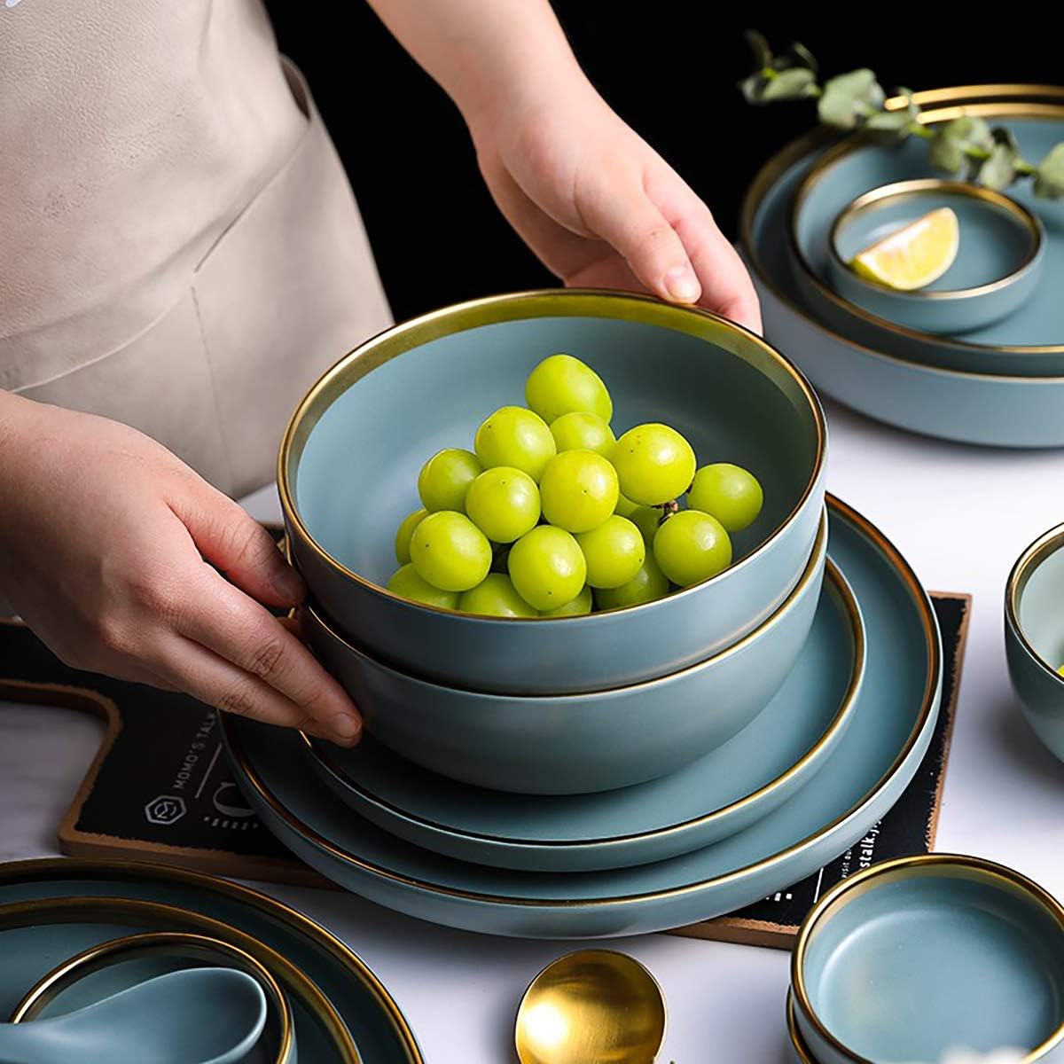 Premium Modern Gold Rim Ceramic Plate Porcelain Dish Elegant Restaurant Dinnerware Ceramic Plates Set Dishwasher Safe,Green,8 Inch