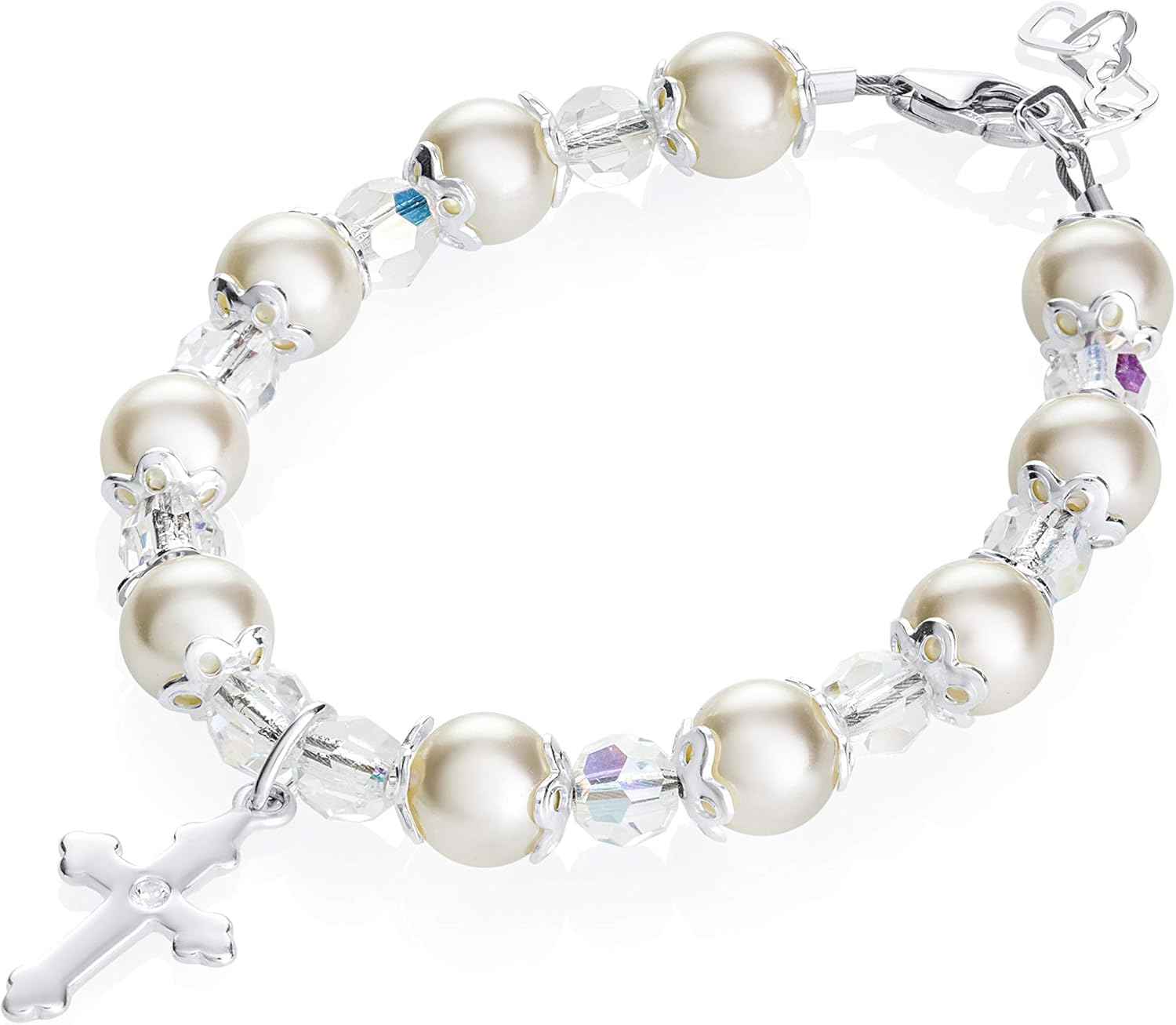 Delicate Sterling Silver Cross Charm Bracelet for Kids - with Cream European Simulated Pearls, Crystals and Silver Spacer Beads - Best Baptism and Christening Gift for Girls and Boys (BBCCR-C)