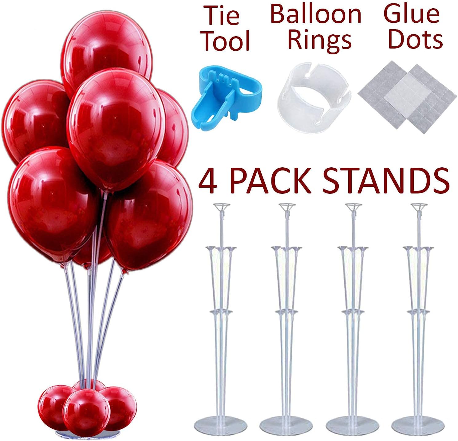 4 PCS Stable Table Balloon Stand Kit for party decoration. In set - 28 centerpiece sticks with cups, 4 column base, glue dots and tying tool. Made your ballon bouquet holder quick and easy! By AletT