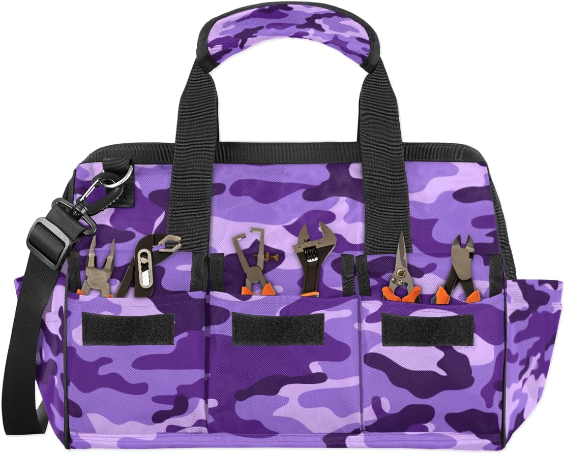 Purple Camouflage Tool Bag for Men Women Multi-Pockets Wide Mouth Tool Storage Bags 14.8 Inch Waterproof Heavy Duty Tool Bag Organizer for Electrician Mechanic Plumbers Handymen
