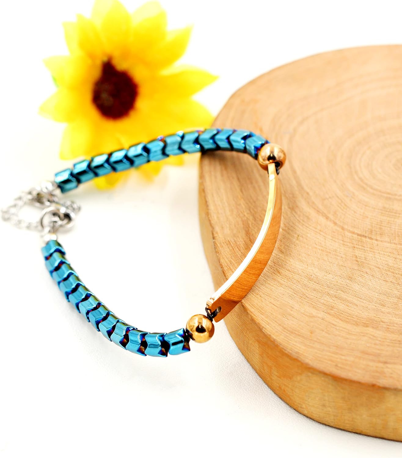 Customize Engrave Name Bracelet - Blue Hematite Stone Beads Stainless Steel Chain Bracelet - Personalized Name ID Rose Gold Color Plate Bracelet for Women Men Y1904