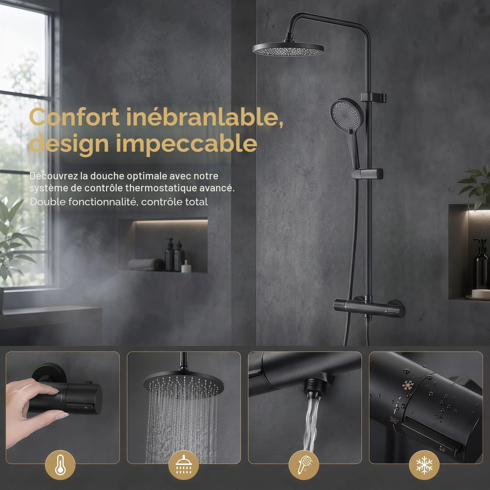 Mitigeur douche Thermostatique de Douche 38℃ Bas G1/2 Haut G3/4" BSP | Bain noir Mitigeur douche Thermostatique Robinet de Douche à Deux Sorties Robinet de Douche en Laiton Chromé