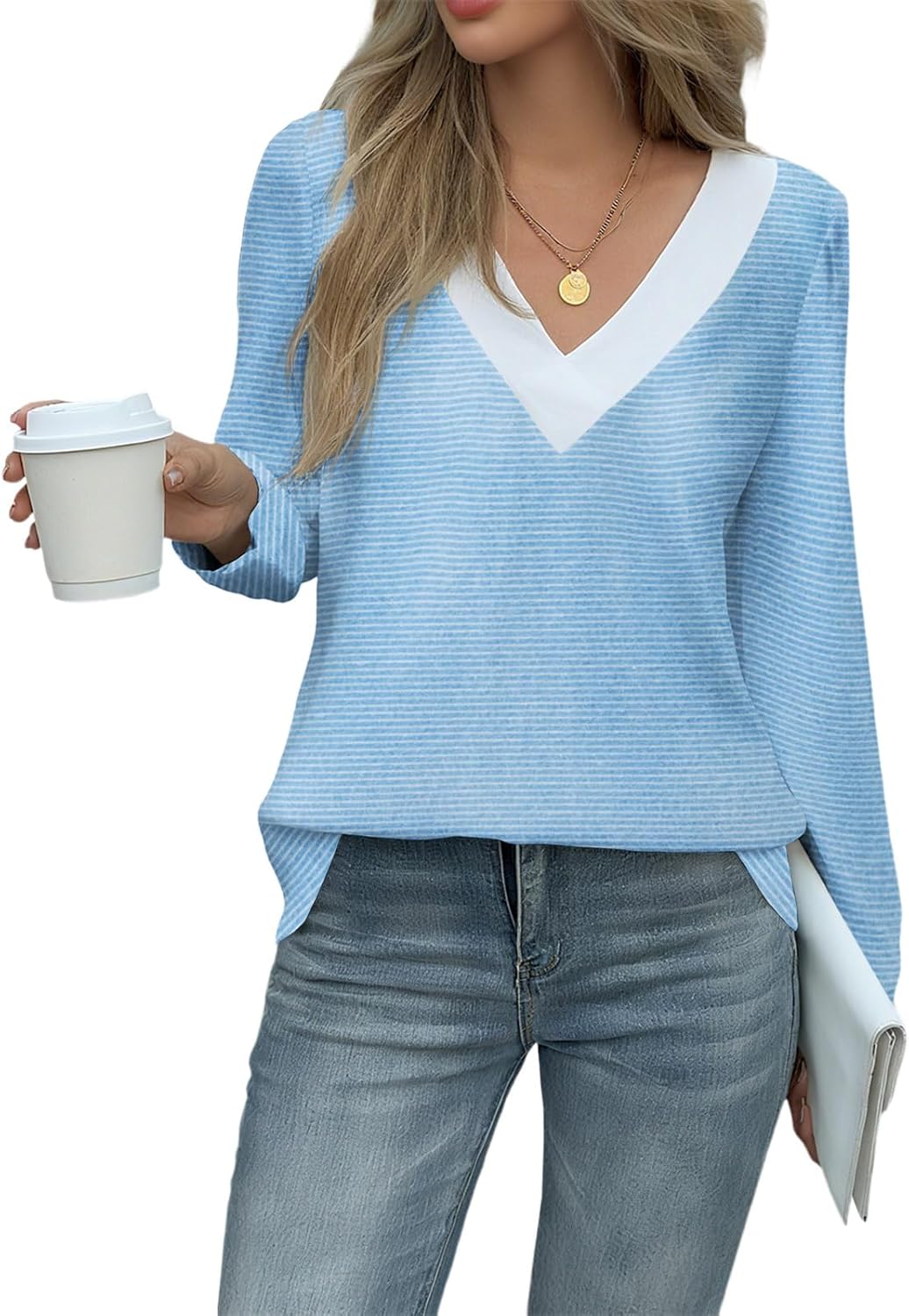 Yousify Women V Neck Striped Shirt Puff Ruffle Trim Long Sleeve Tunics Fall Basic Work Tops Casual Fleece Thermal Shirts - Image 4