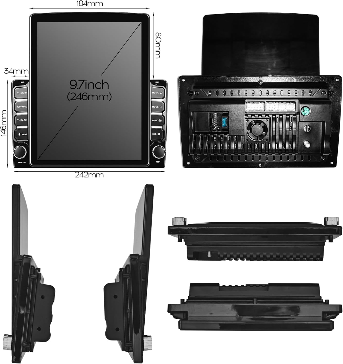 Technical drawing showing the front and rear dimensions of the 9.7-inch car stereo, including width, height, and depth measurements.