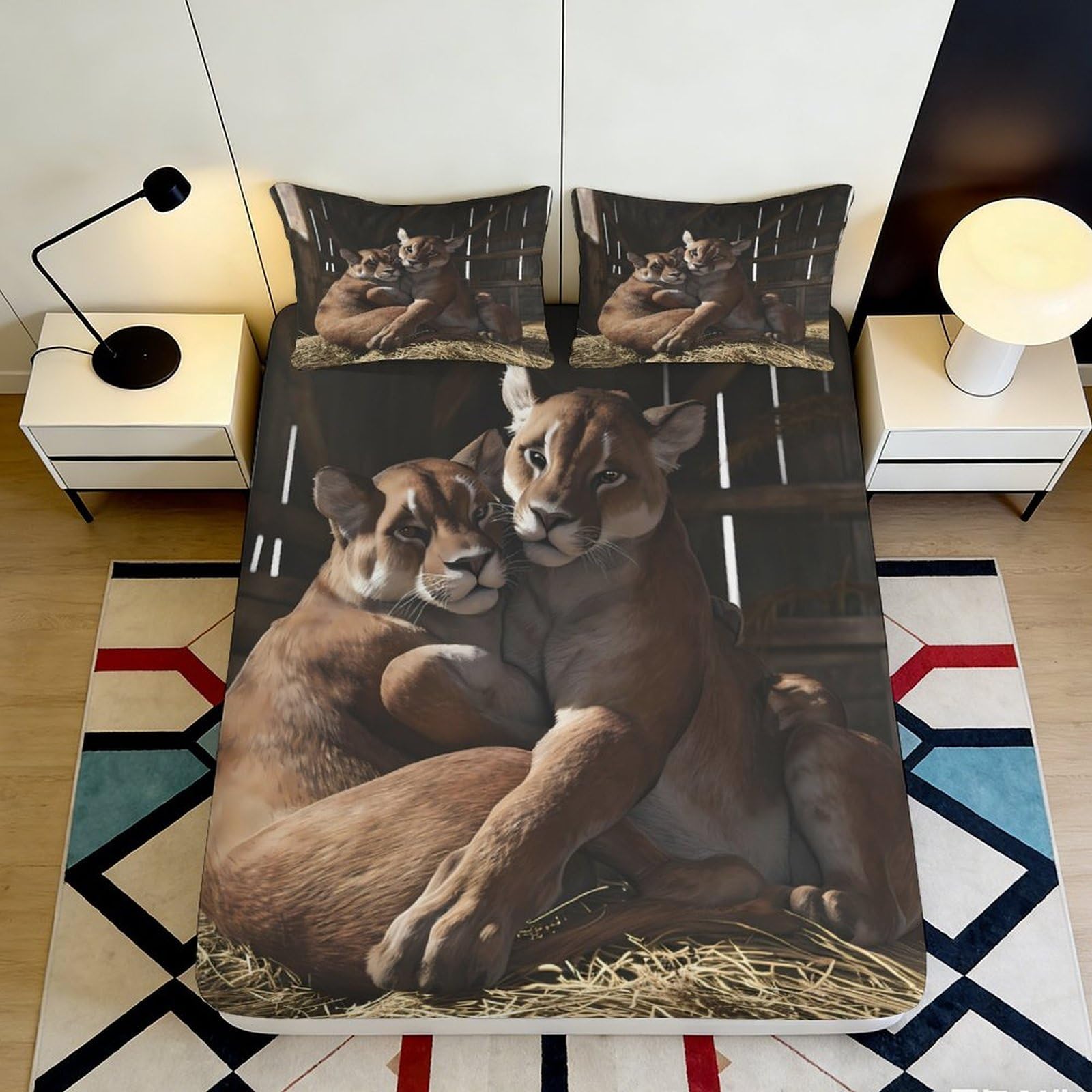 3D Printed Wild Cougar Fitted Sheet Microfiber Soft Decorative Animal Bed Cover for Bedroom Guest Room Decor 90x200x25cm