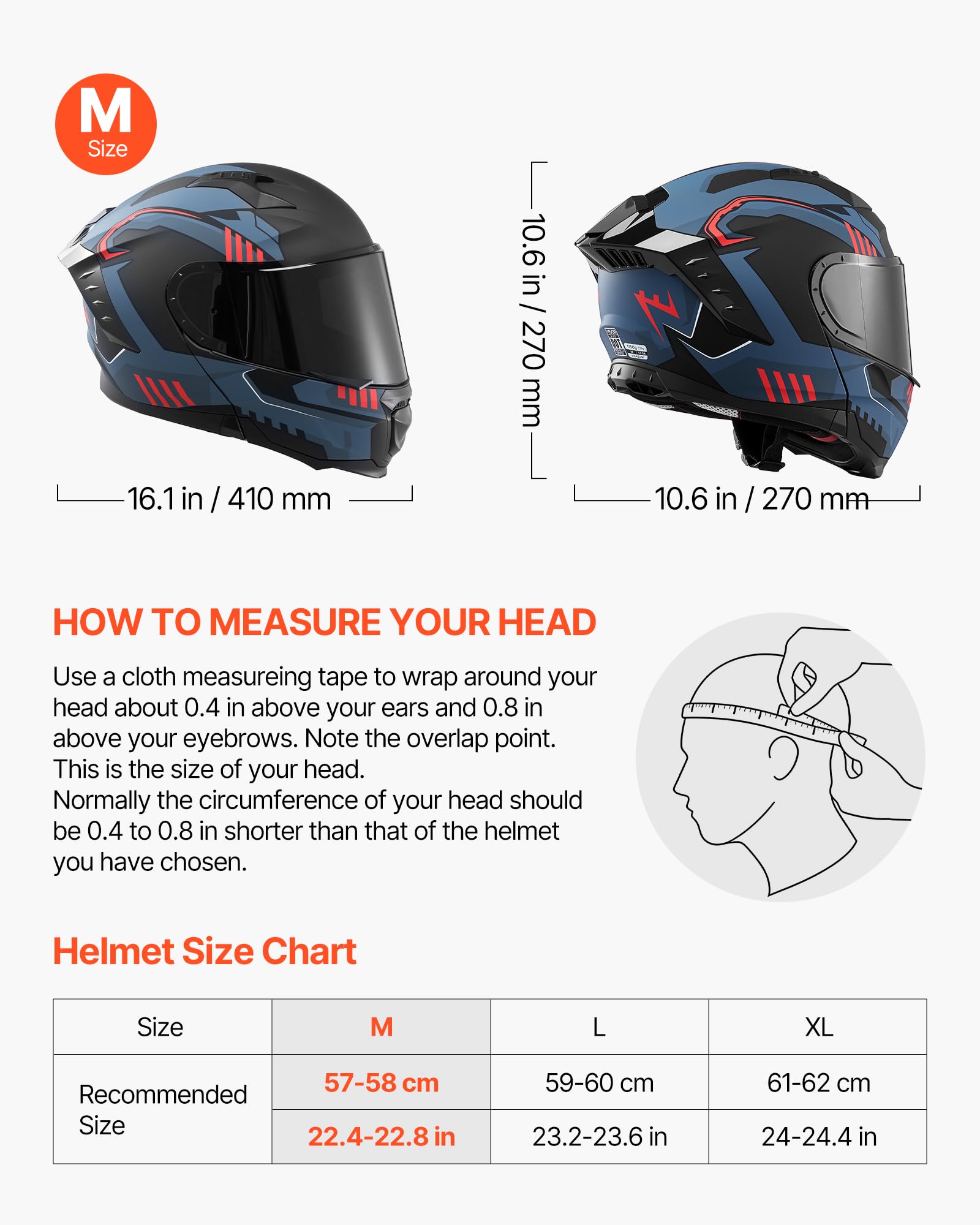 VEVOR Casco Modular de Moto Talla M, Casco de Motocicleta Modular con Visera Doble, Carcasa de ABS, Ligero y Cómodo para Adultos, para Motocross y Motociclismo Urbano, Homologado por Dot y ECE