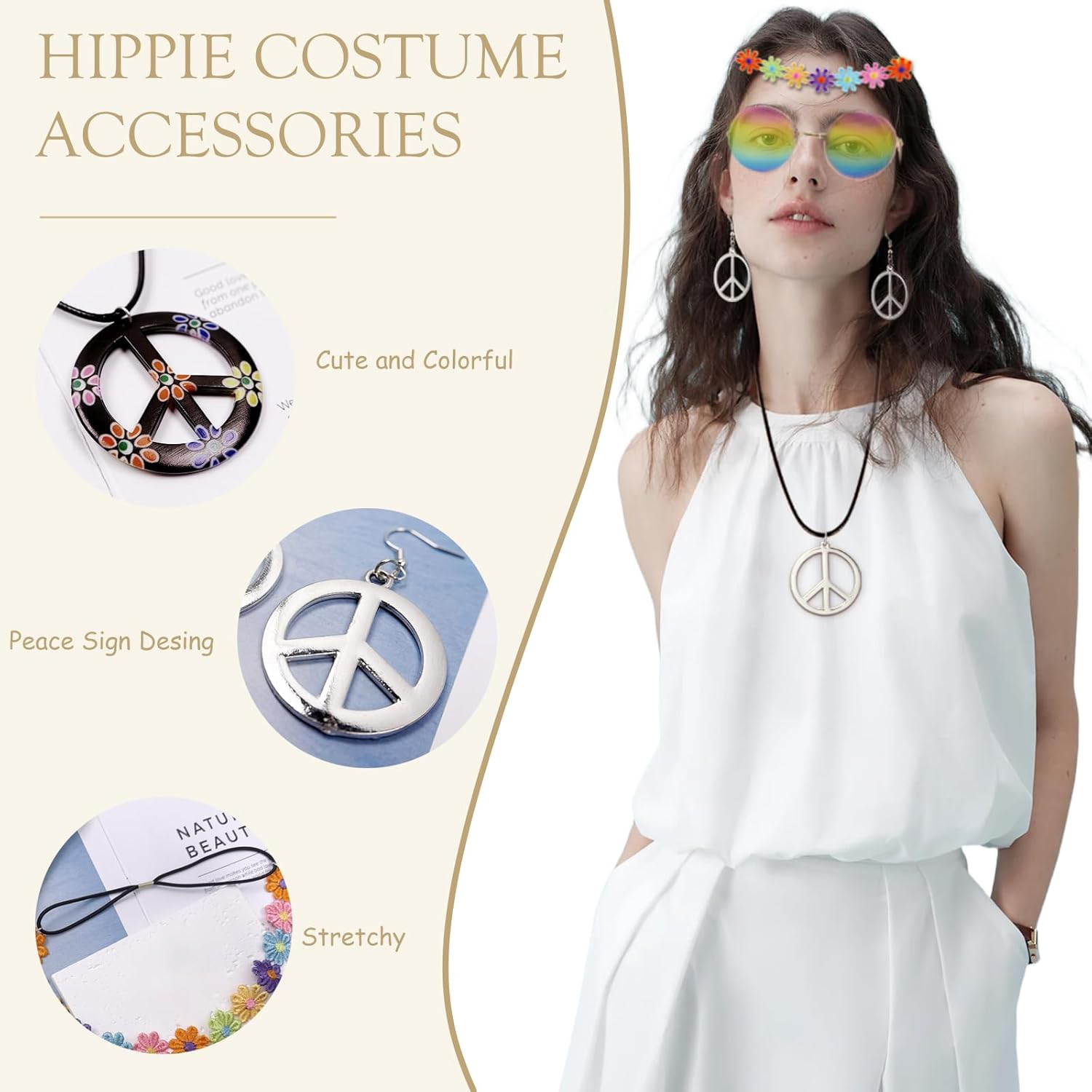 Hippie Costume Accessories for Women Peace Sign Earrings Necklace Flower Headband Sunglasses 60s 70s Accessories - Image 4