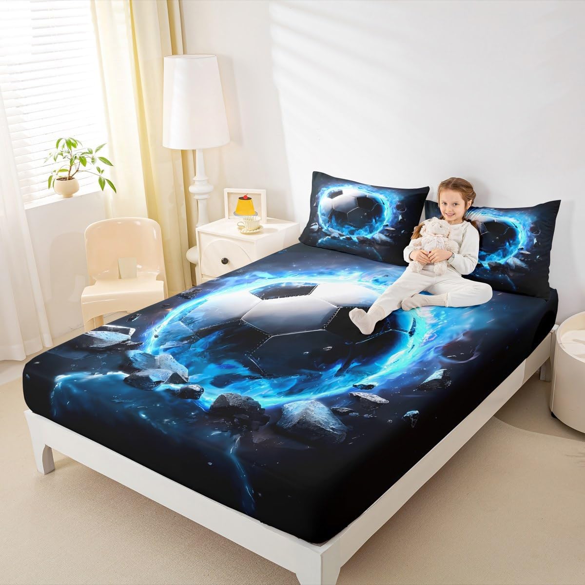 jejeloiu Kids 3D Soccer Fitted Sheet Queen Size Football Bed Sheets Set for Boys Girls Teens Sports Theme Bedding Set Room Decor