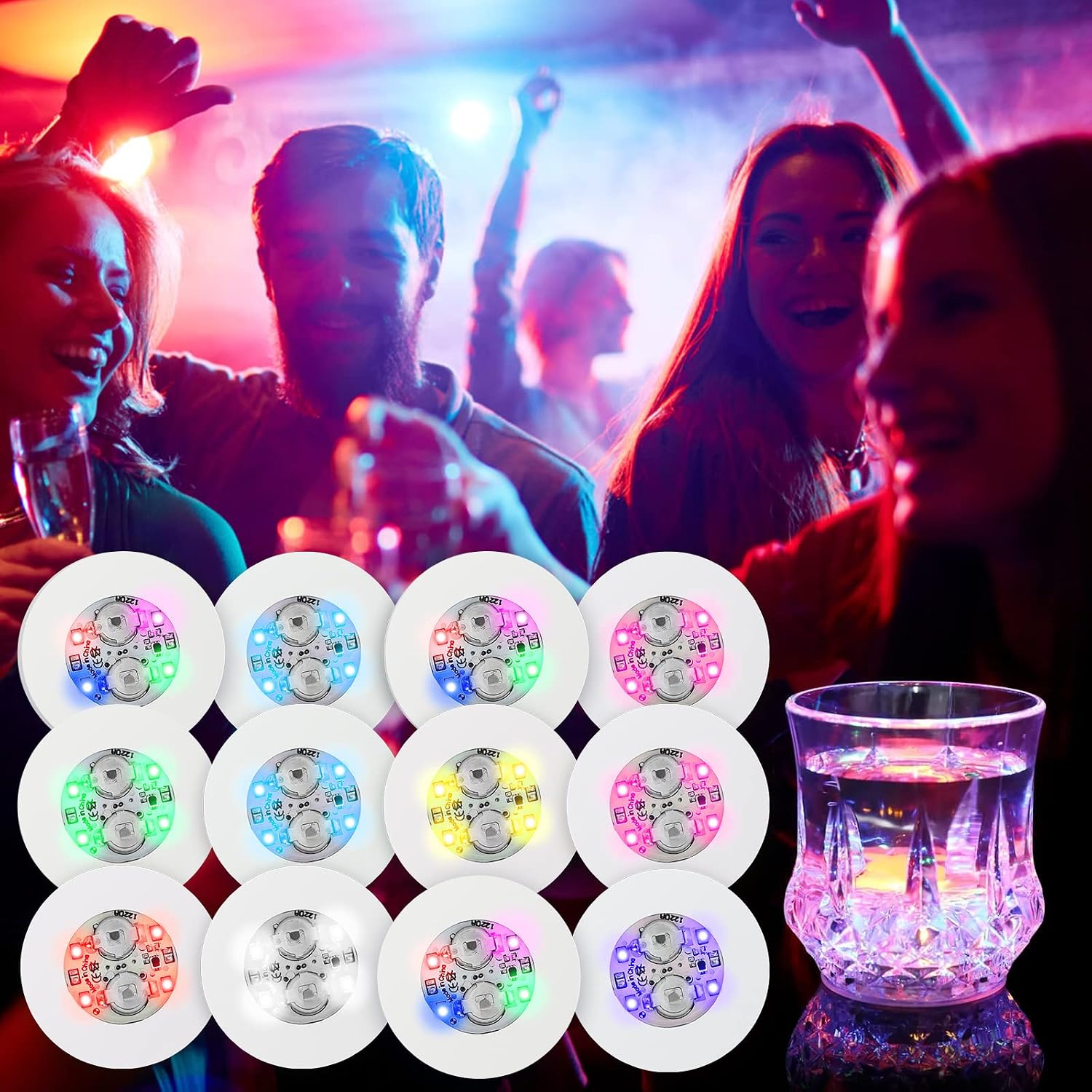 LED Bottle Coaster, 12Pack RGB Colorful LED Bottle Lights, Flash Light Up Cup Coasters for Bar Decor