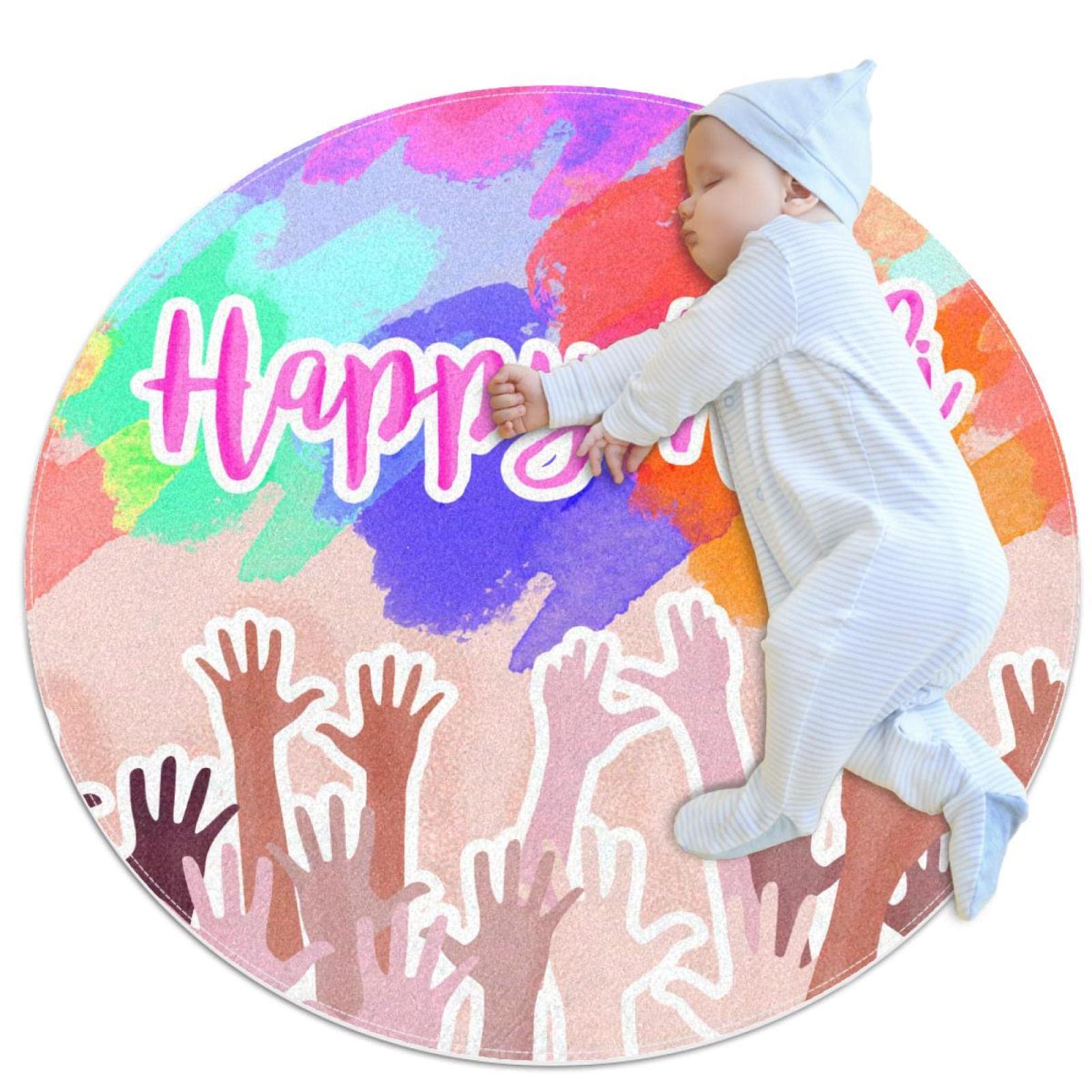 Tapis de bain rond Happy Holi diamètre 1m avec motif mains aquarelle