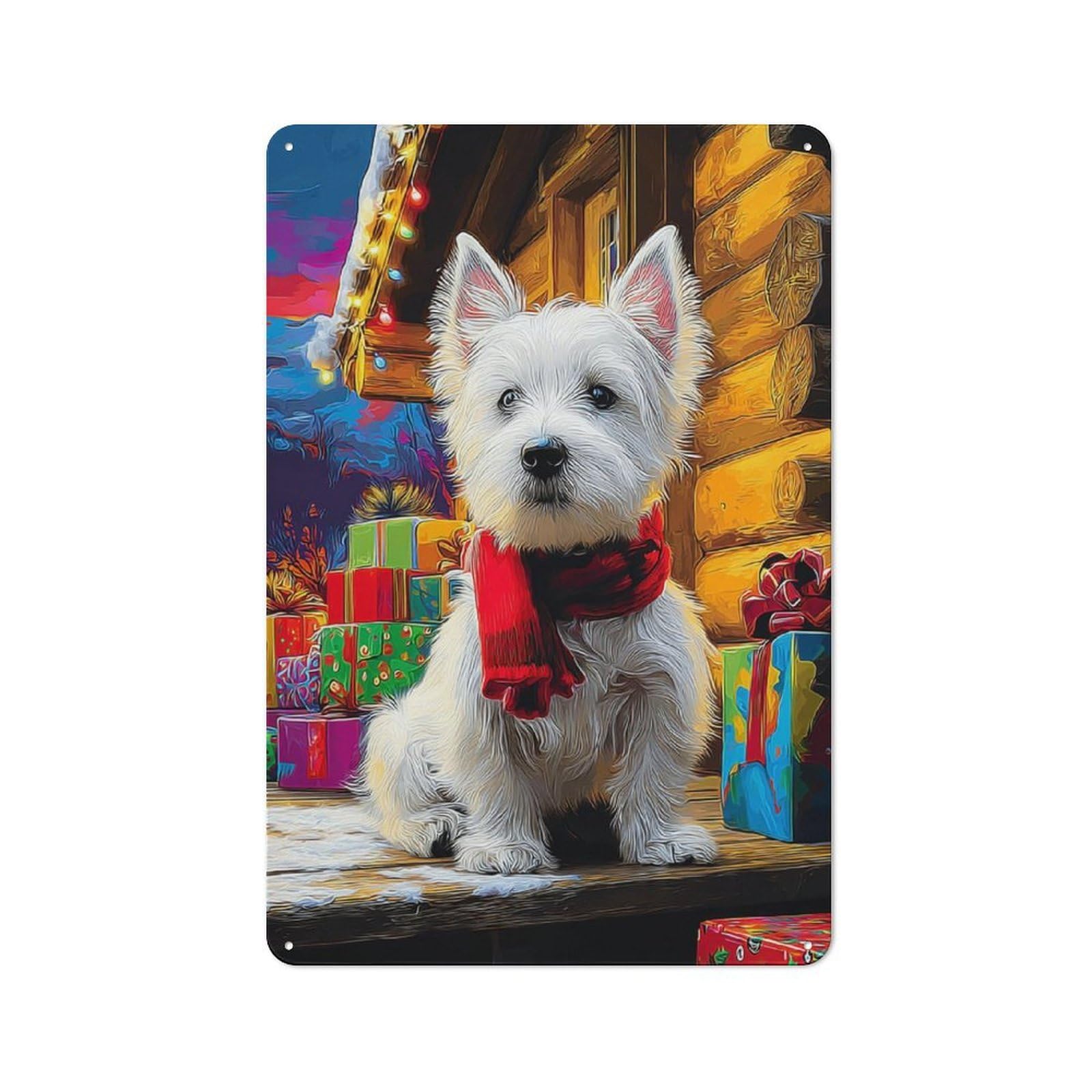 Junmoney Christmas Westie With Presents -1 Pet Lover Decorative Metal Plaque, Wall Decor For Pet Corner, Living Room Or Hallway, 30X20cm