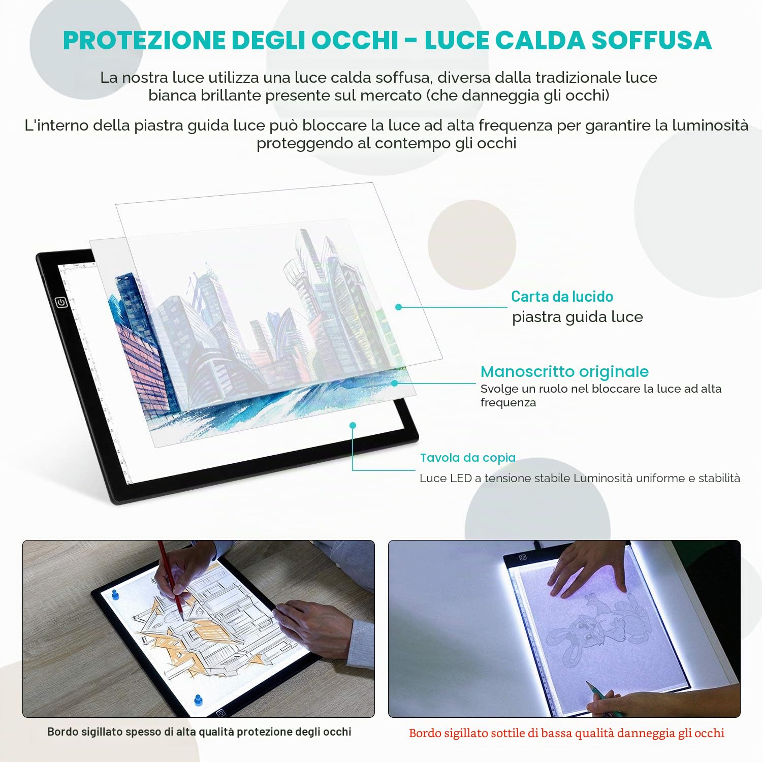 Tavolo luminoso per disegno A4, tavolo luminoso per tavolo da disegno A4 LED Tablet di luce 3 modalità di illuminazione, Light Pad ultra sottile con pannello touch intelligente e per artisti