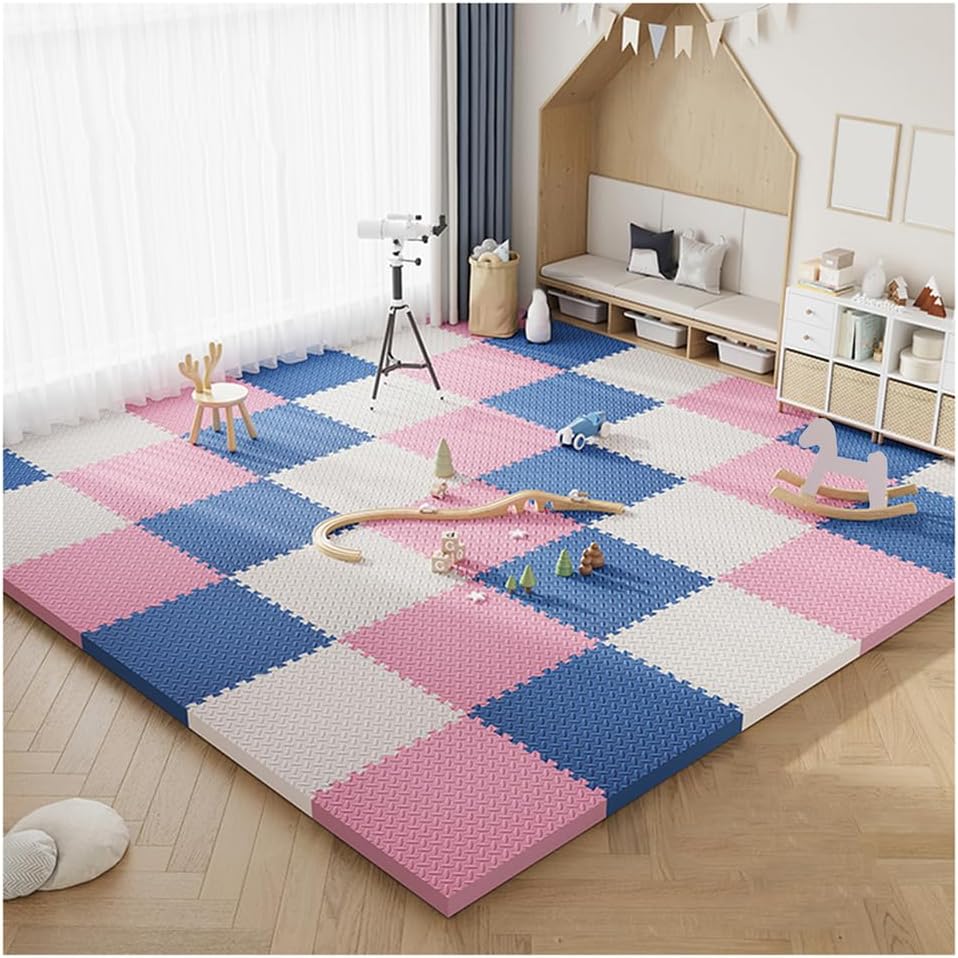 24Pcs EVA Foam Interlocking Puzzle Mats – Soft Non-Slip Gym Exercise Tiles, 12×12 Inch for Playroom & Home Floor Protection, Multi-Color (White, Pink, Navy Blue)