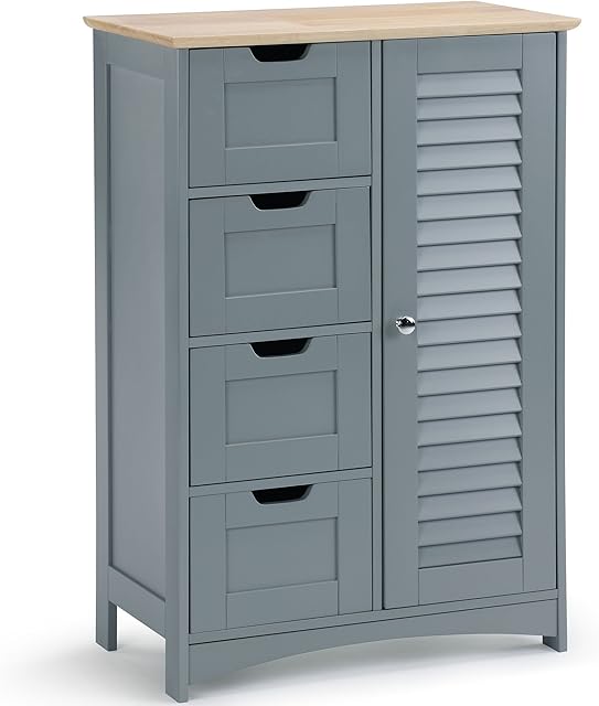 VonHaus Bathroom Storage Cabinet  Grey Bathroom Floor Cabinet w/Solid Rubberwood Top - Floor Standing Cabinet w/Cupboard & 4 Drawers - Storage Unit for Bathroom, Kitchen & Hallway - Shrewsbury