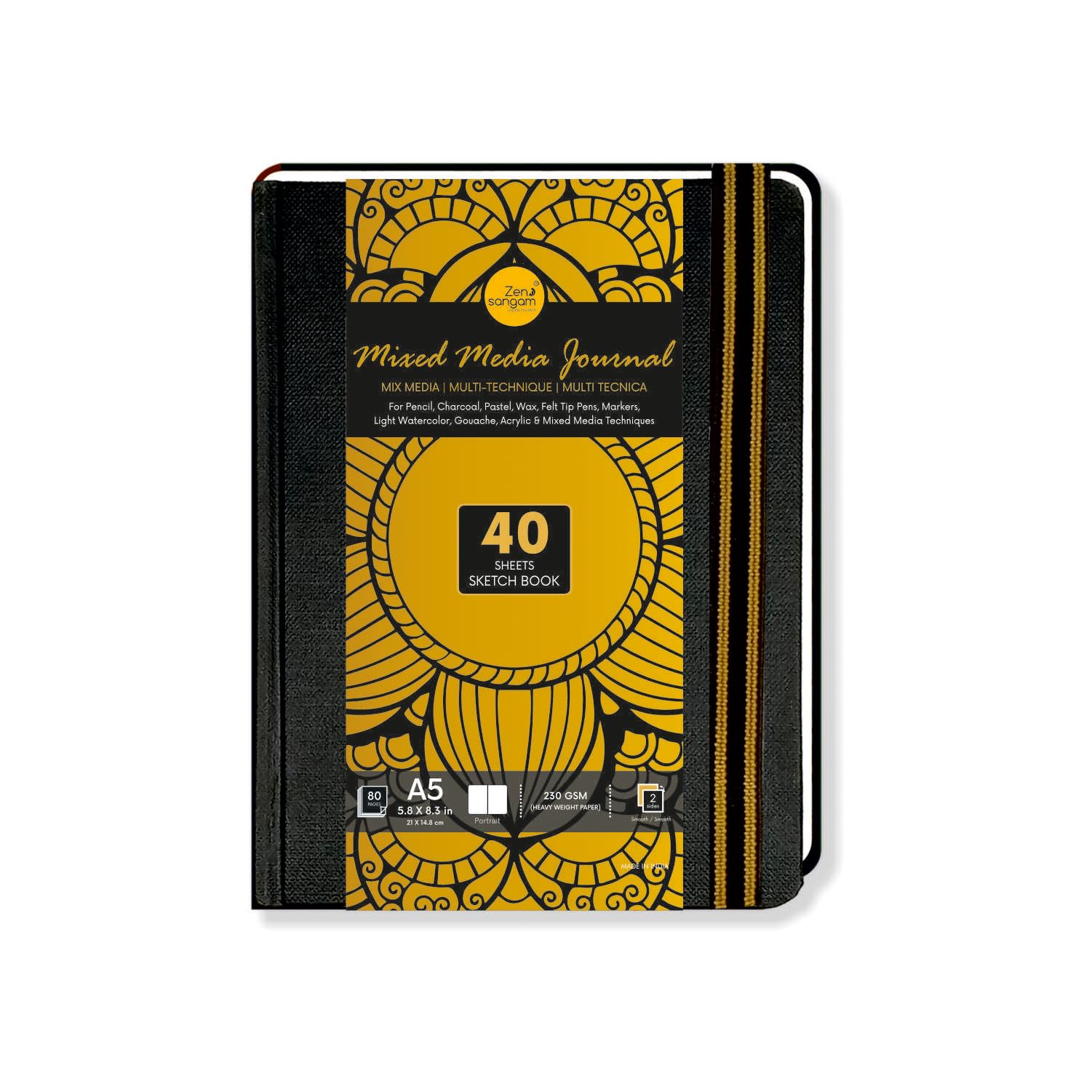 Zen Sangam - Portrait A5 Artists' 230GSM, (80 Pages) Mixed Media Art Journal - Sketch Book Stitched HardBound - Acid Free Cartridge Paper,Size (20.8cm x 15.5cm)Pencils,Chalk,Oil Pastels,Crayons-Black-image-32