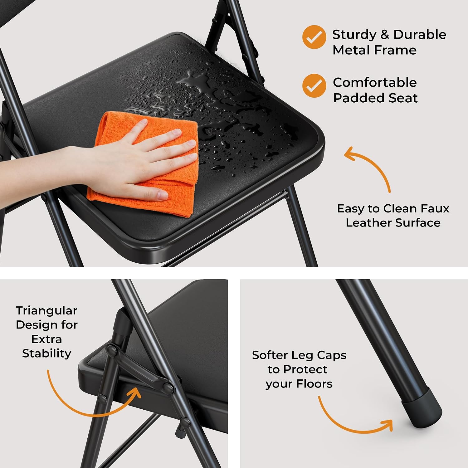 Our Modern Space 8 Pack Leather Chair | Foldable & Stackable | 350 lbs Capacity Steel Frame Seats for Indoor or Outdoor | Commercial Use Events Wedding Party Events Bulk Picnic Kitchen Dining - Black