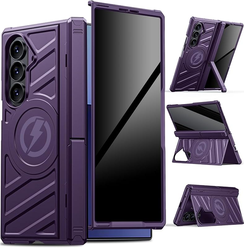 Funda magnética para Samsung Z Fold 7: funda duradera para teléfono con protector de pantalla de privacidad [compatible con Magsafe][protección de bisagra] soporte dual invisible para Galaxy Fold7 0.18 oz 2025 morado oscuro