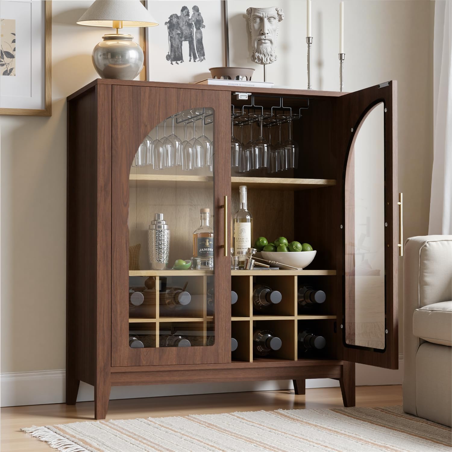 Wine Bar Cabinet with Glass Doors, 31.5" Liquor Cabinet with Wine and Glass Rack, Mid Century Modern Sideboard Buffet Cabinet with Storage for Living Room Kitchen Dining Room, Walnut