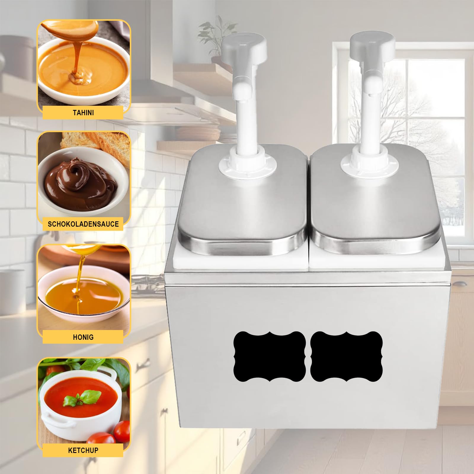 5L Ketchup Spender, Saucenspender mit 2 Pumpen, 4 Etiketten, Abnehmbar, Drehbaren Pumpen, Edelstahl-Gewürzpumpstation, für Küche und Restaurant Ketchup, Salatdressing, Mayo, Honig, Sojasauce und Essig