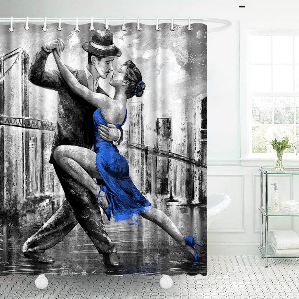Dancing Couple Shower Curtain Black White Blue Shower Curtains Romantic Bathroom Curtain Waterproof Polyester Fabric 72"X72" with Hooks