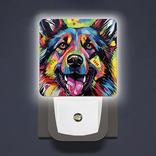 Square LED Night Lights Lamp with Dusk to Dawn Sensor, Colorful Painting Of An Abstract German Shepherd With Large Ears Night Light Plug Into Wall for Kids Room, Bedroom, Bathroom, Kitchen, Hallway