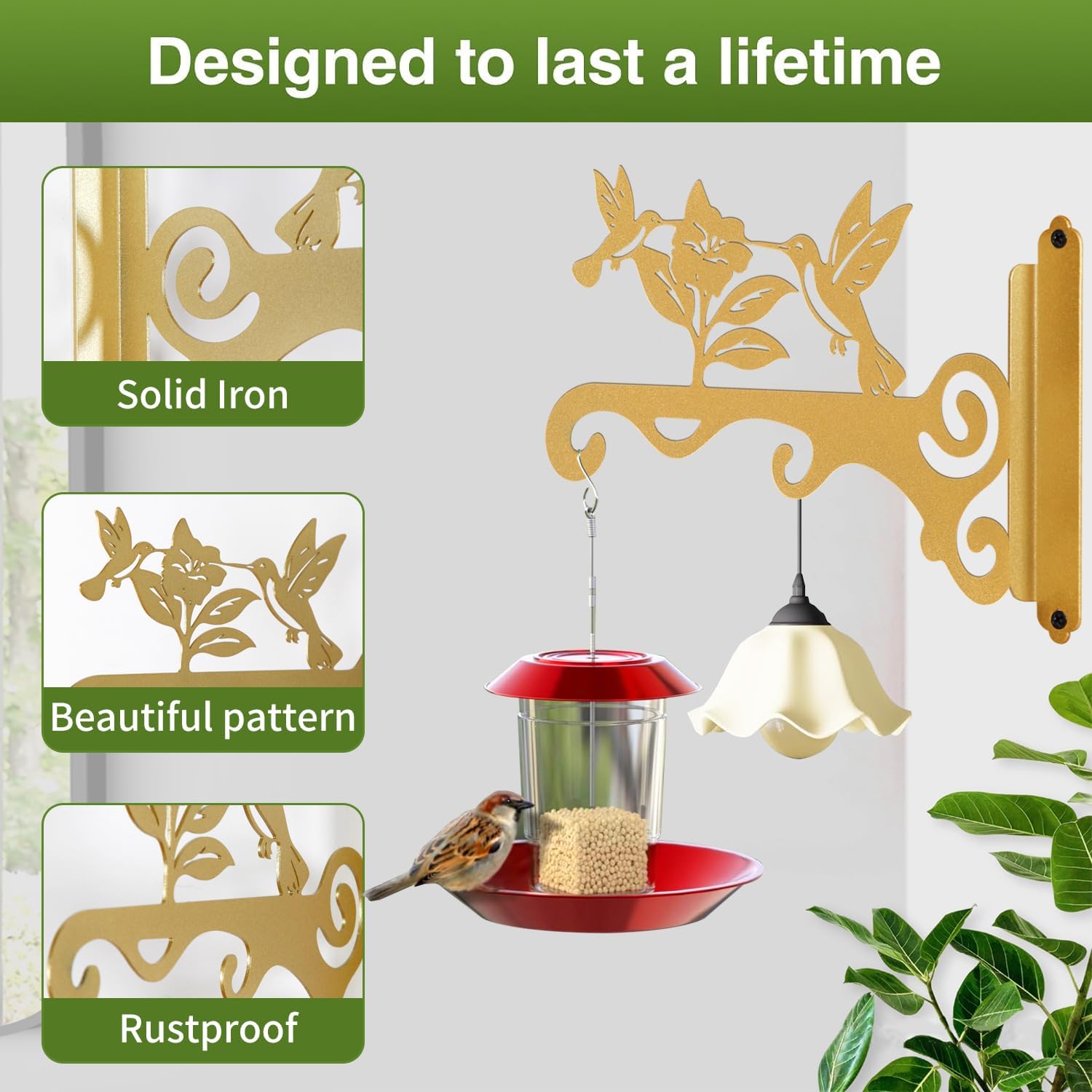 Elegant Bird Pattern Wall Hooks - 10/12/14 Inch Metal Plant Hangers for Indoor & Outdoor - Rust-Resistant Bracket for Plants, Feeders, Chimes, Lanterns (2, White, 10 inch) image 5