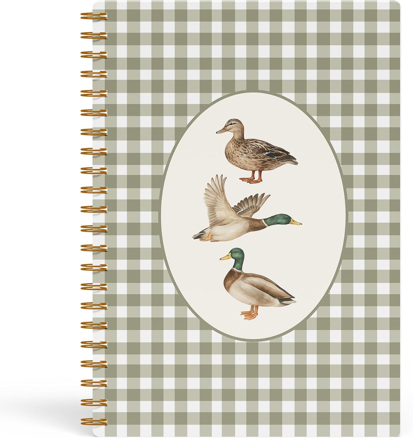 Green Gingham Mallard Duck Spiral Notebook, Gifts for Duck Lovers, Green Checkered Aesthetic Journal for Women Men, Gifts for Wildlife Lovers Notebooks 5.5x8.3 Inch
