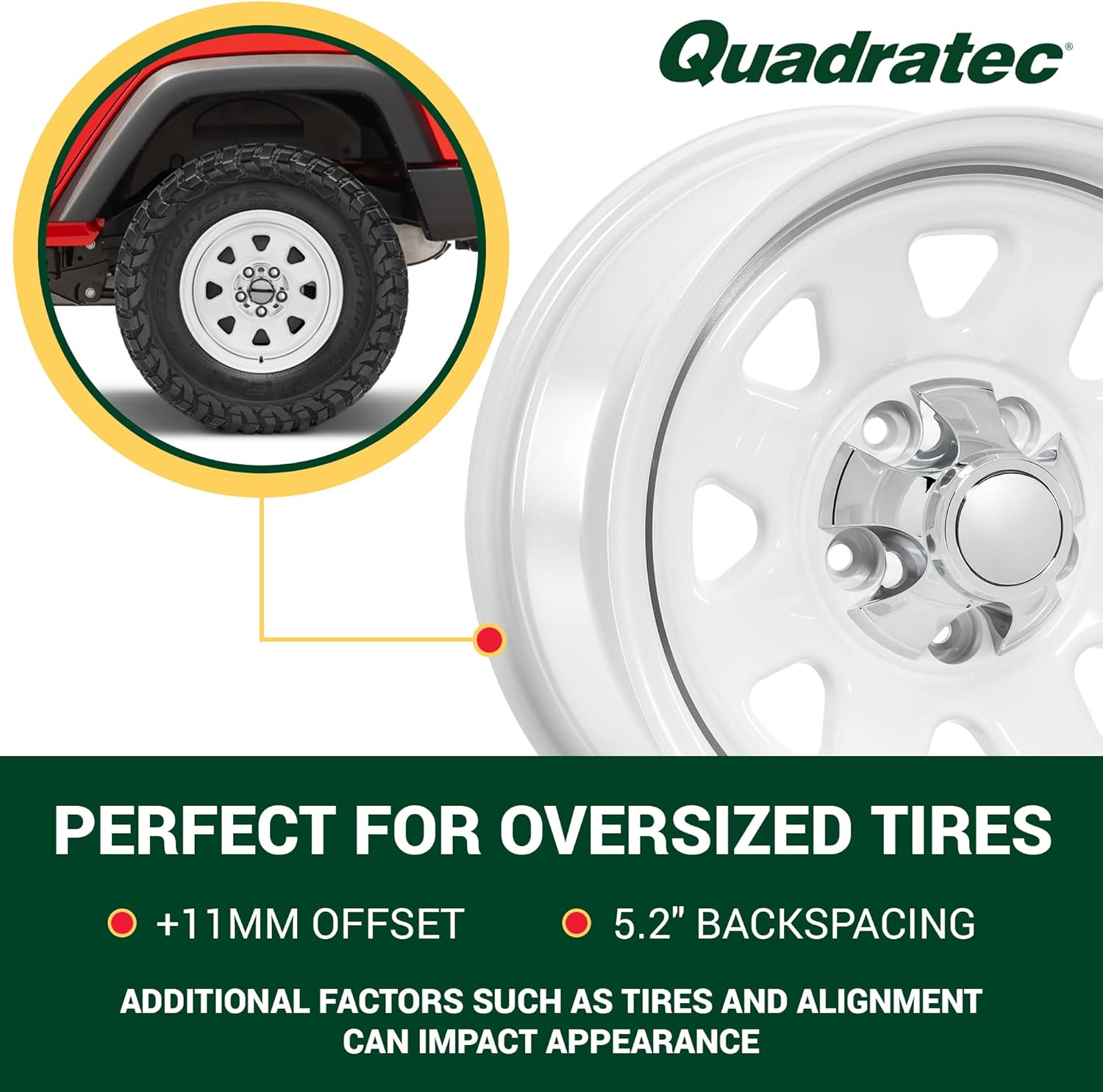 Quadratec CJ Retro 17" Alloy Wheel, Gloss White - 5x5 Bolt Pattern with 5.2" Backspace - 17x8.5 (+11mm Offset) - Fits Jeep JT, WK, WK2, JK, JL, JKU, JLU 05-22 - Hub Centric Alloy Aluminum Wheel
