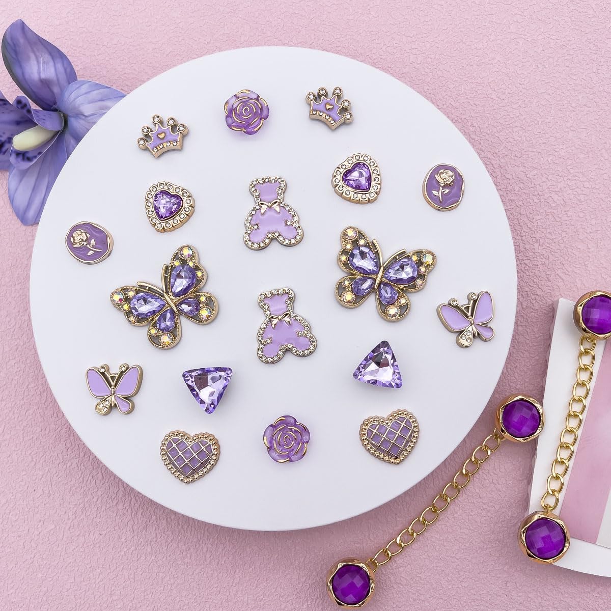 26PCS Bling Charms Set - Pearls, Resin Butterflies, Flowers & Sparkling Chains DIY Decoration Accessories for Girls & Women