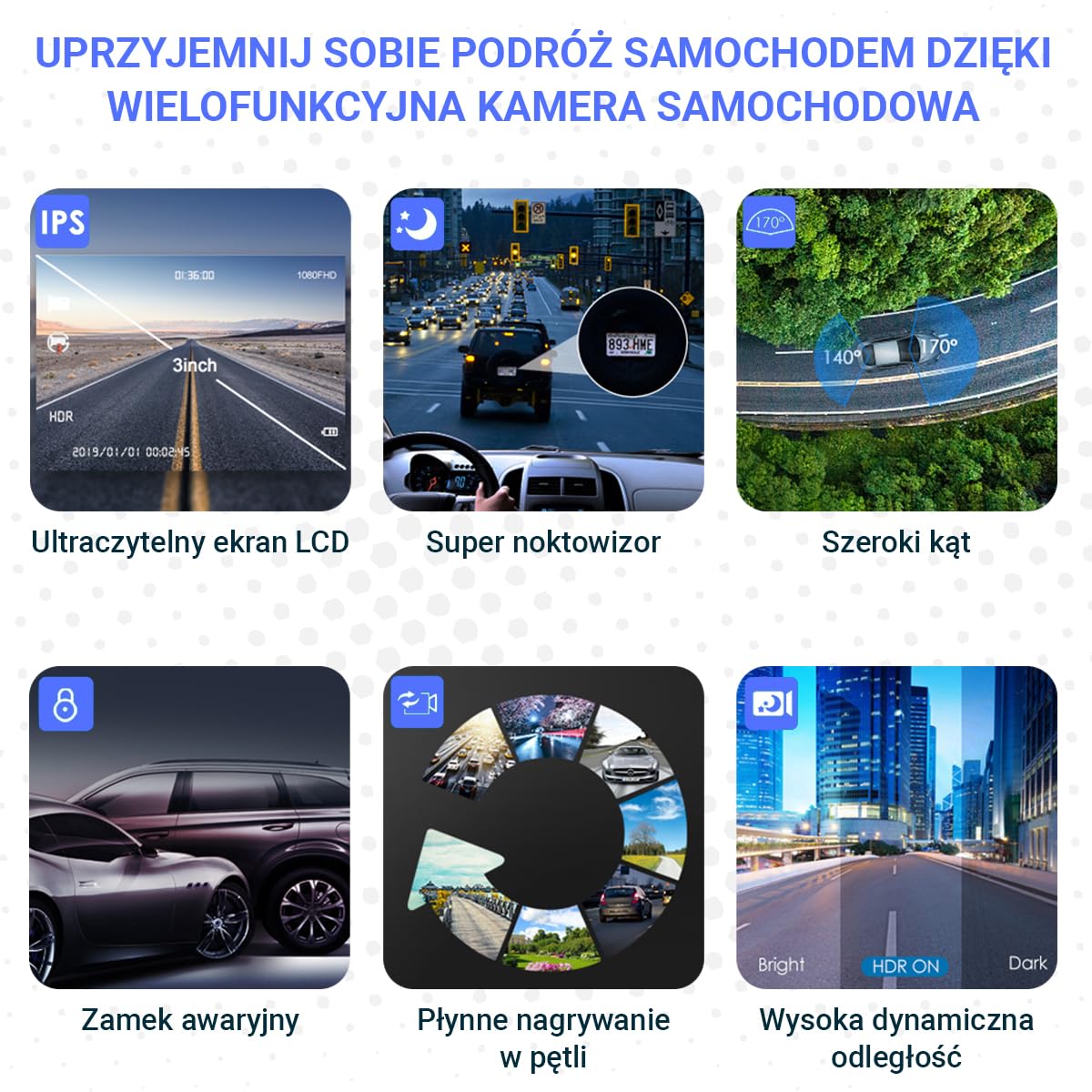 Fleau Tech Dashcam do samochodu - Zawiera WIFI i aplikację - Rejestrator jazdy z podwójnym obiektywem - Detekcja ruchu i tryb parkowania - Czujnik G - Full HD - Obiektyw szerokokątny 170°