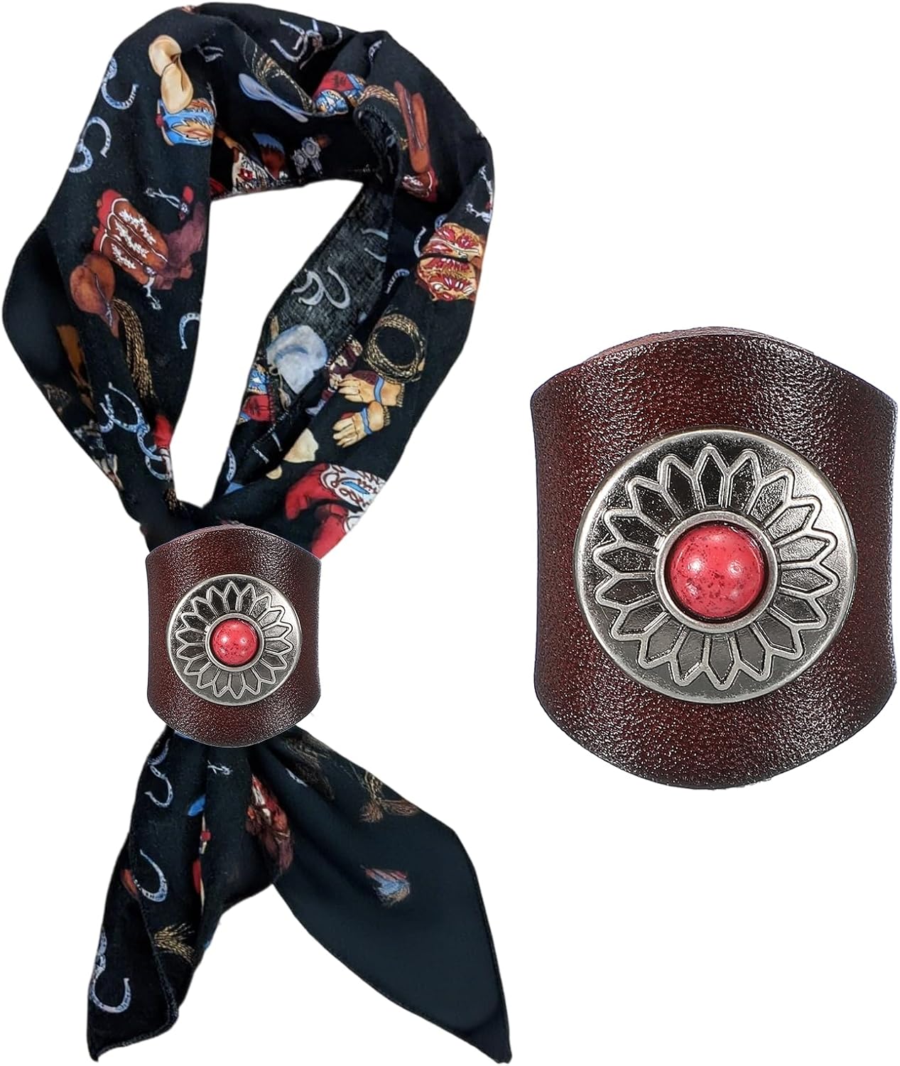 PATIKIL Western Bandana Scarf Ring, Men Square Handmade Leather Sunflower Gem Scarf Slide Ring for Men Scarves