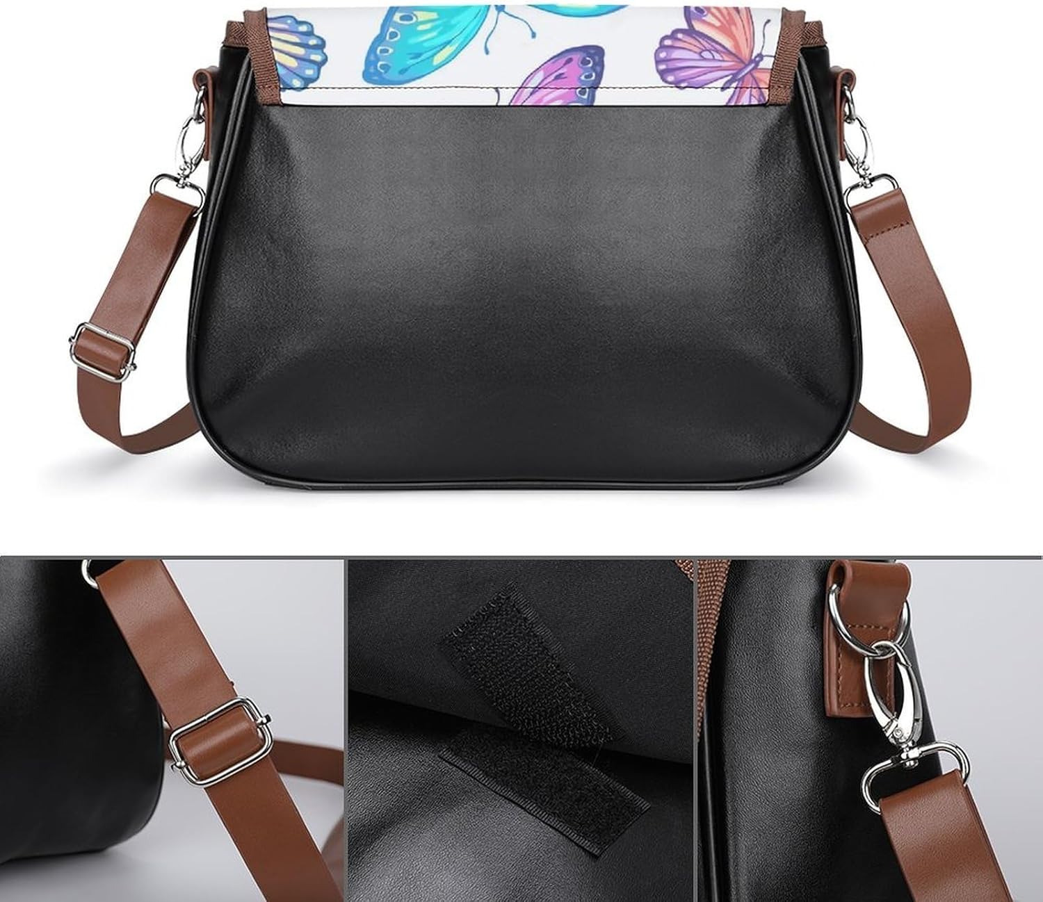 Colorful ButterflyWomen's Faux Leather Crossbody Bag, Waterproof Wrinkle-Resistant Shoulder Bag with Detachable Strap, Large Capacity Casual Handbag, Fashion Daily Purse for Shopping Work Dating, Idea