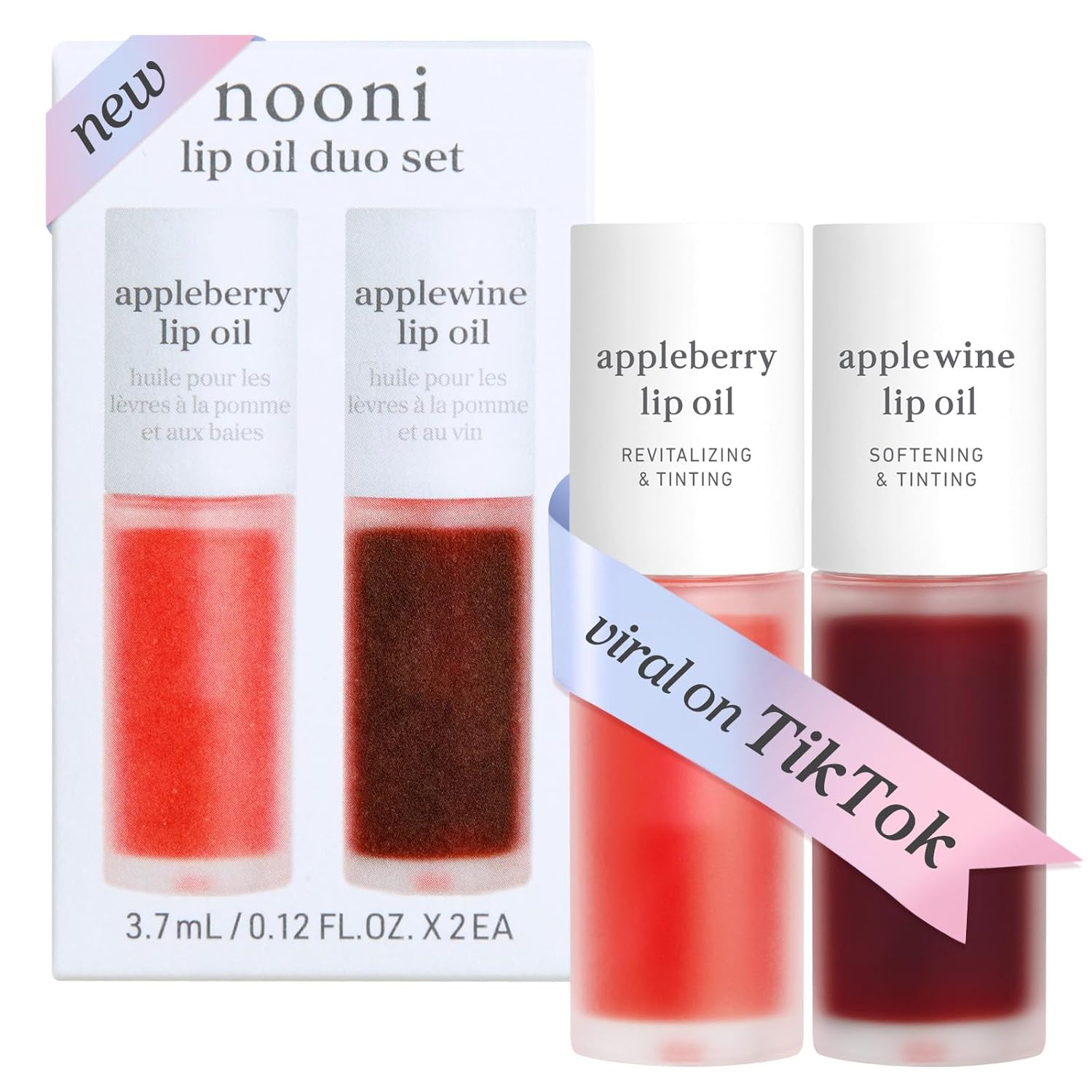 NOONI Korean Lip Oil Set - Appleberry & Applewine - Long-Lasting, Moisturizing, Revitalizing - Waterproof, No Peel Off, Stocking Stuffers (2EA, 0.12 fl oz)