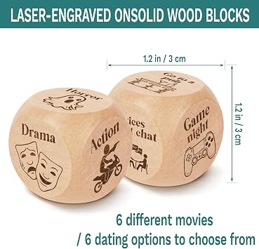 2 Pcs Anniversary Wooden Movie and Activity Date Night Decision Dice Decider Valentines Day Gifts for Him Her Christmas Birthday Gifts for Husband Wife Boyfriend Girlfriend Men Women Gifts