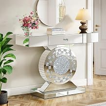 Mirrored Console Table with Storage Drawer, 39.37" Silver Glam Entryway Table with Crushed Diamond Inlay Round Base, Glass Top Mirrored Sofa Table, Decorative Hallway Table for Living Room Foyer
